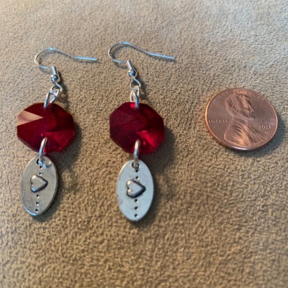 Silver and Red Crystal Heart Earrings - Picture 3 of 4